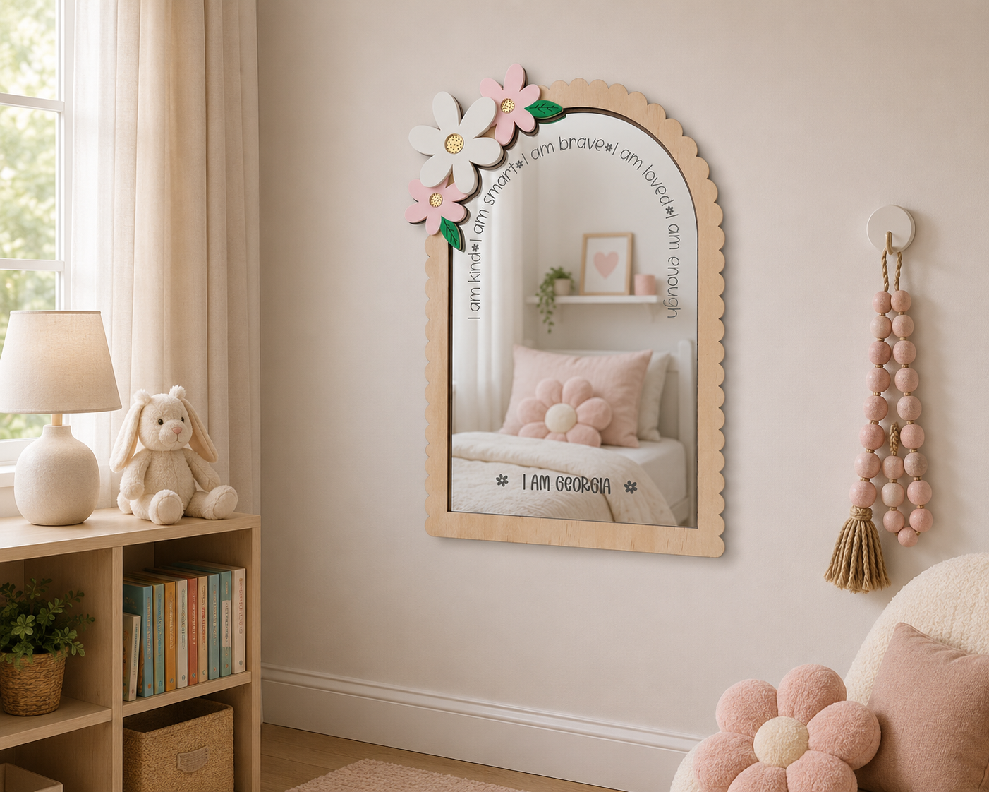 Personalised Floral Themed Affirmation Mirror | Laser Engraved Nursery Bedroom Decor