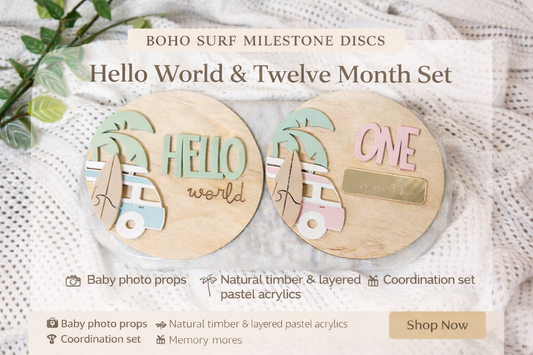 Boho Surf Milestone Discs – Hello World & Twelve Month Set