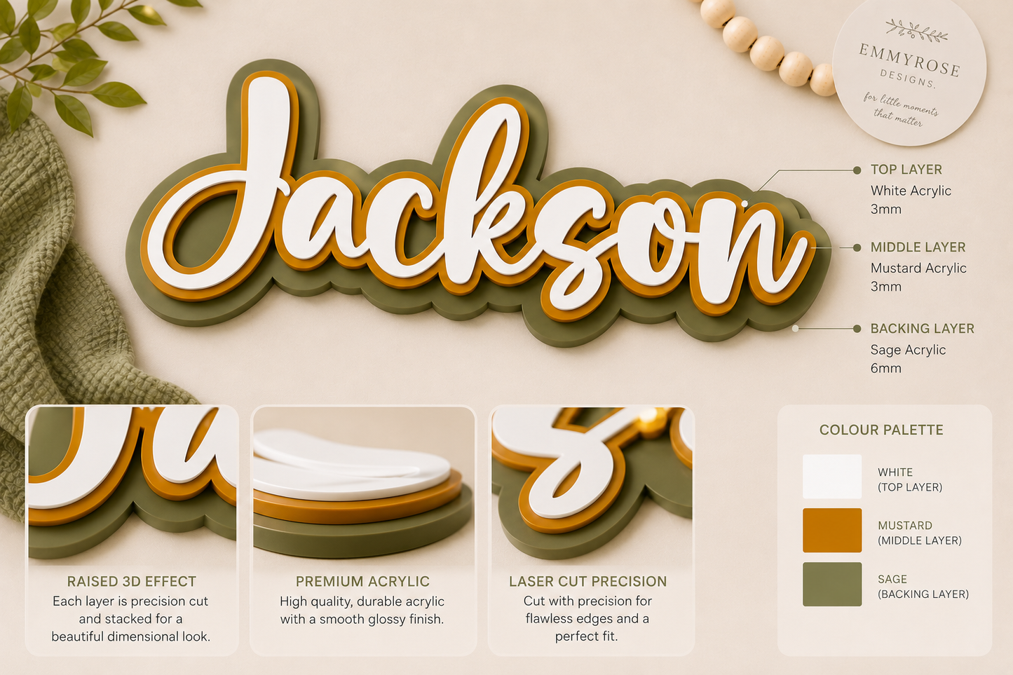 Triple Layered Acrylic Name Plaque - Cursive Font