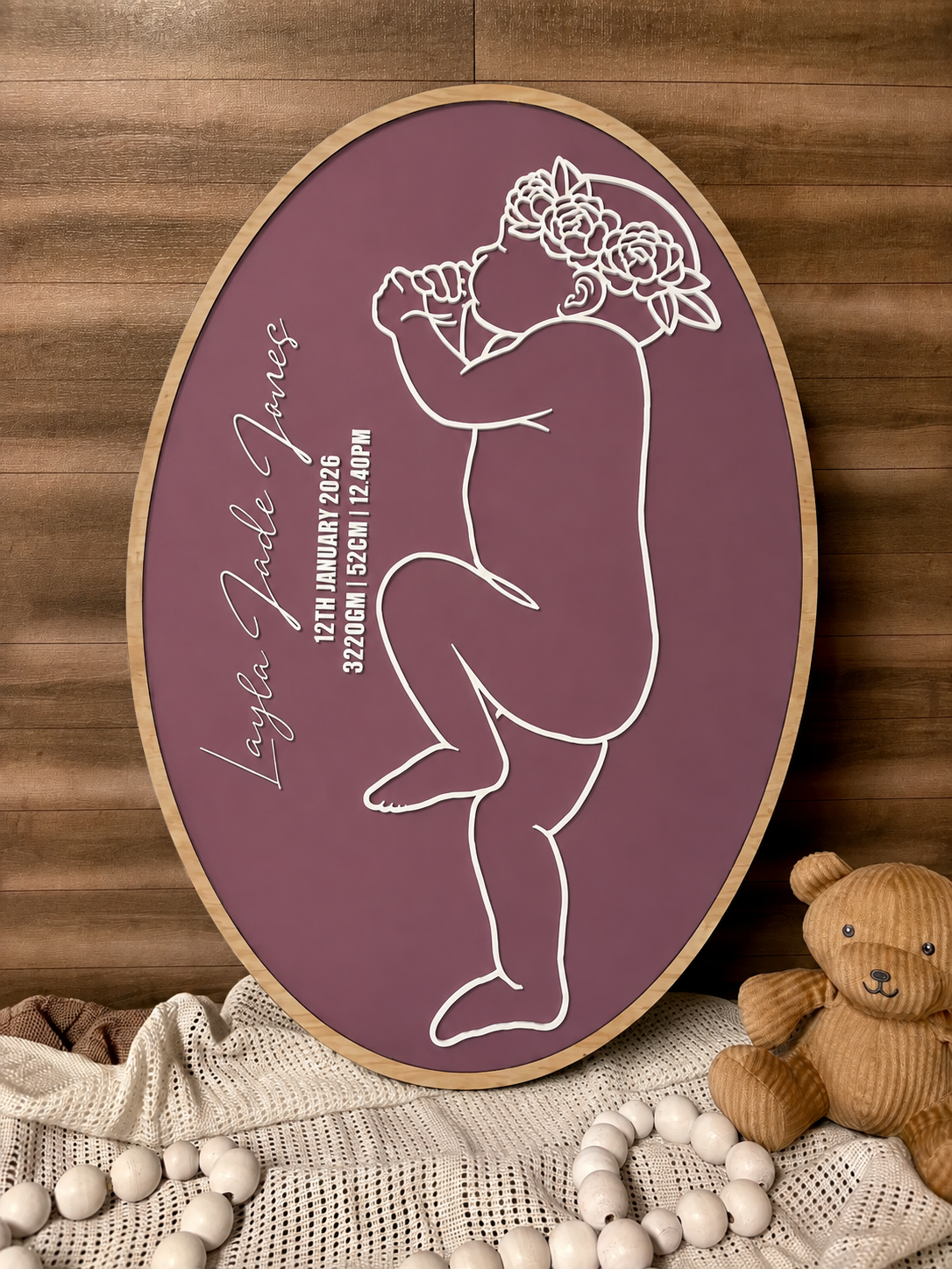 Personalised 1:1 Scale Baby Birth Plaque | Floral Baby Keepsake | Baby Length Birth Sign | Nursery Wall Decor | New Baby Gift Girl