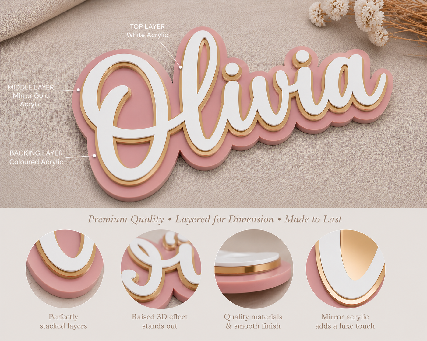 Triple Layered Acrylic Name Plaque - Cursive Font