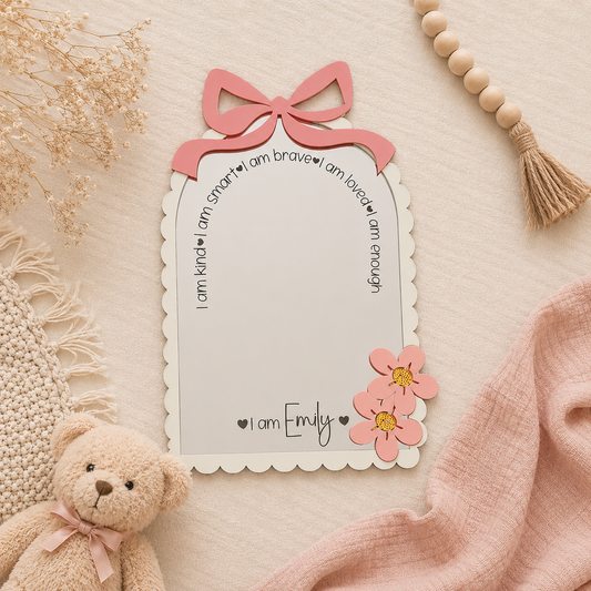 Personalised Bow Themed Affirmation Mirror | Laser Engraved Nursery Bedroom Decor