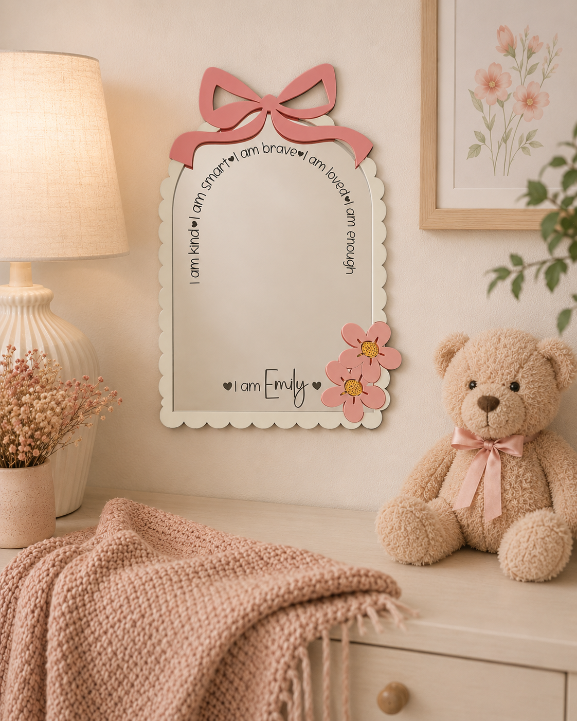 Personalised Bow Themed Affirmation Mirror | Laser Engraved Nursery Bedroom Decor