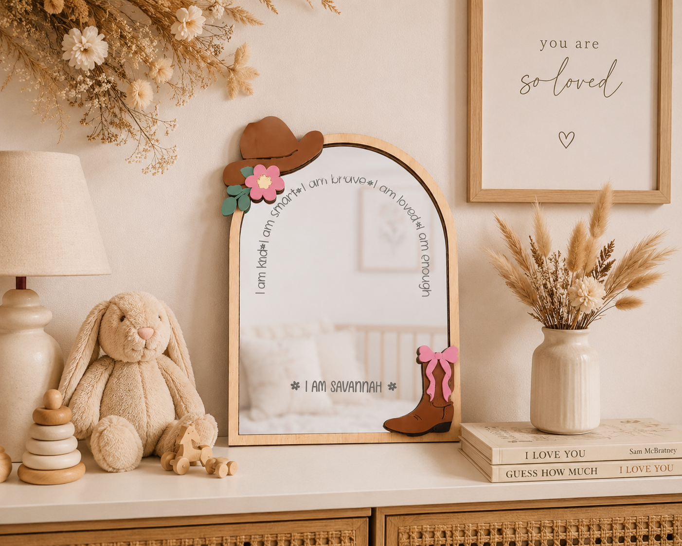 Personalised Cowgirl Themed Affirmation Mirror | Laser Engraved Nursery Bedroom Decor