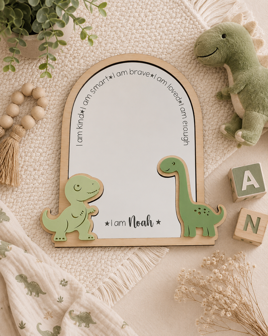 Personalised Dinosaur Themed Affirmation Mirror | Laser Engraved Nursery Bedroom Decor
