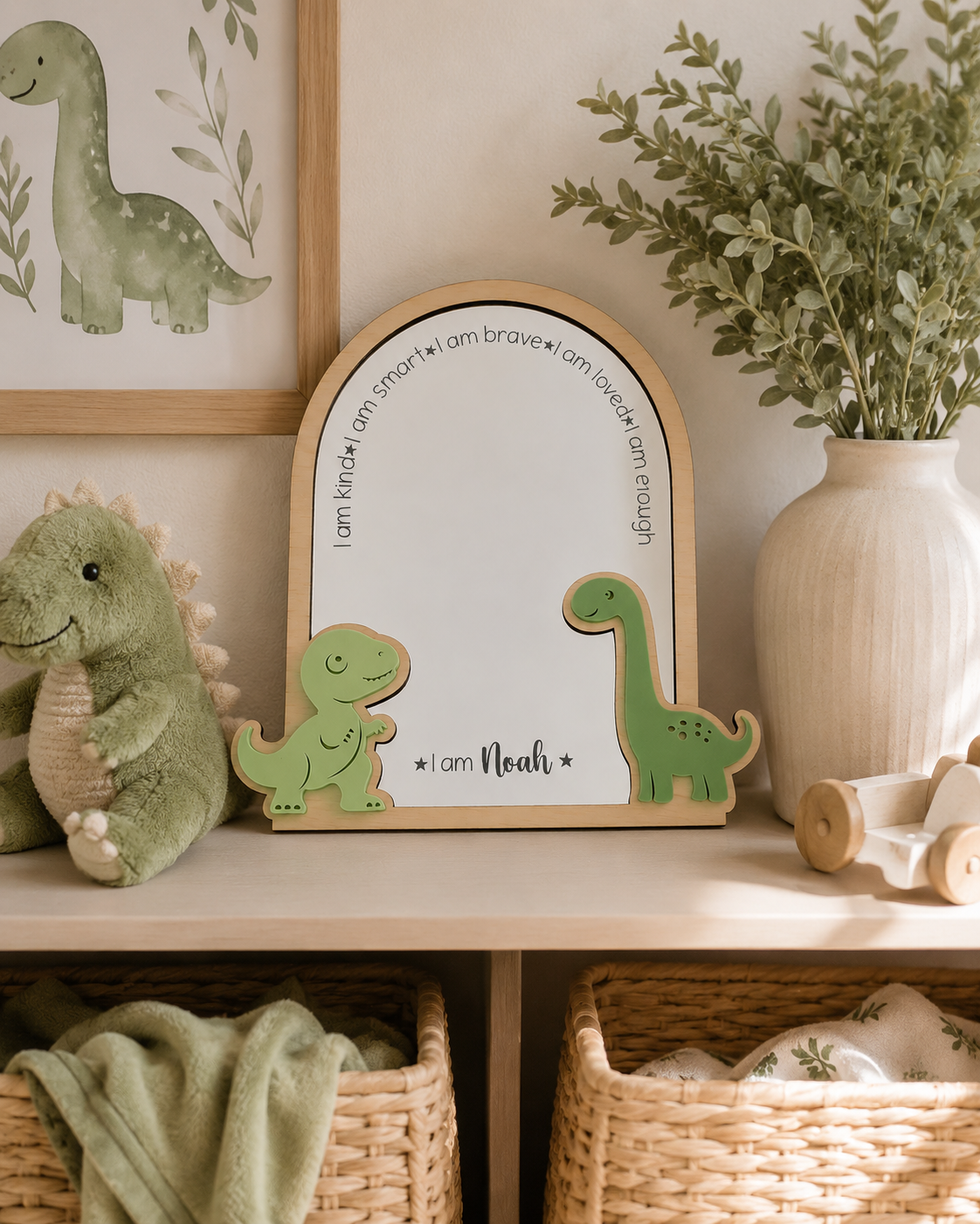 Personalised Dinosaur Themed Affirmation Mirror | Laser Engraved Nursery Bedroom Decor