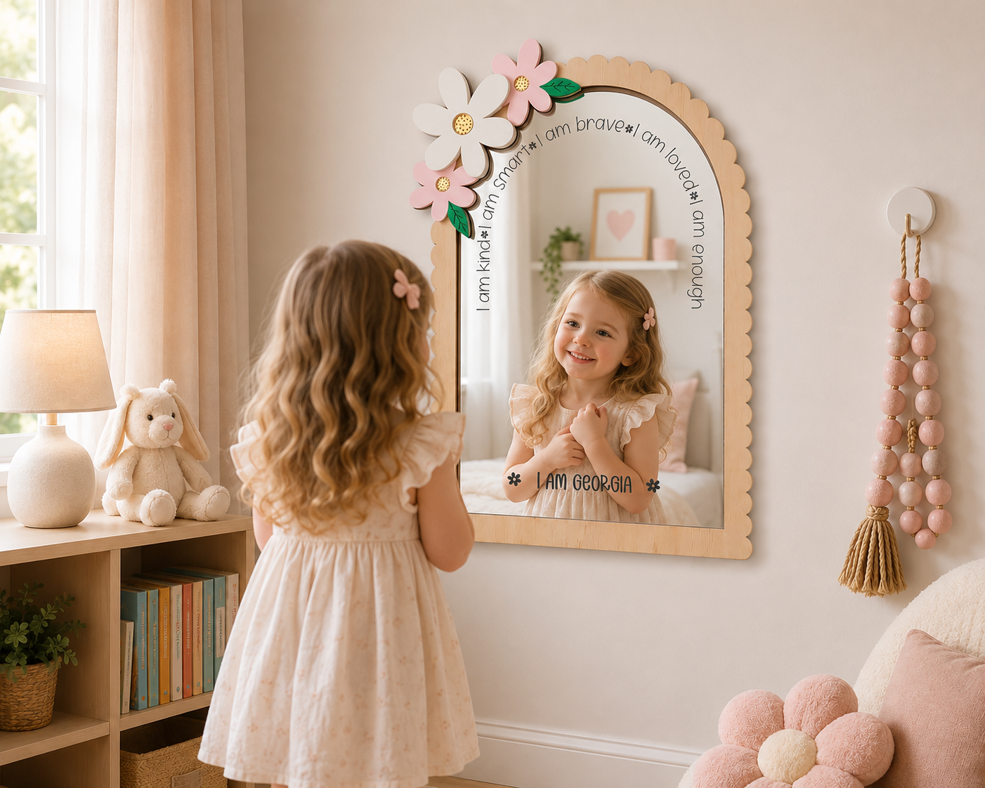 Personalised Floral Themed Affirmation Mirror | Laser Engraved Nursery Bedroom Decor