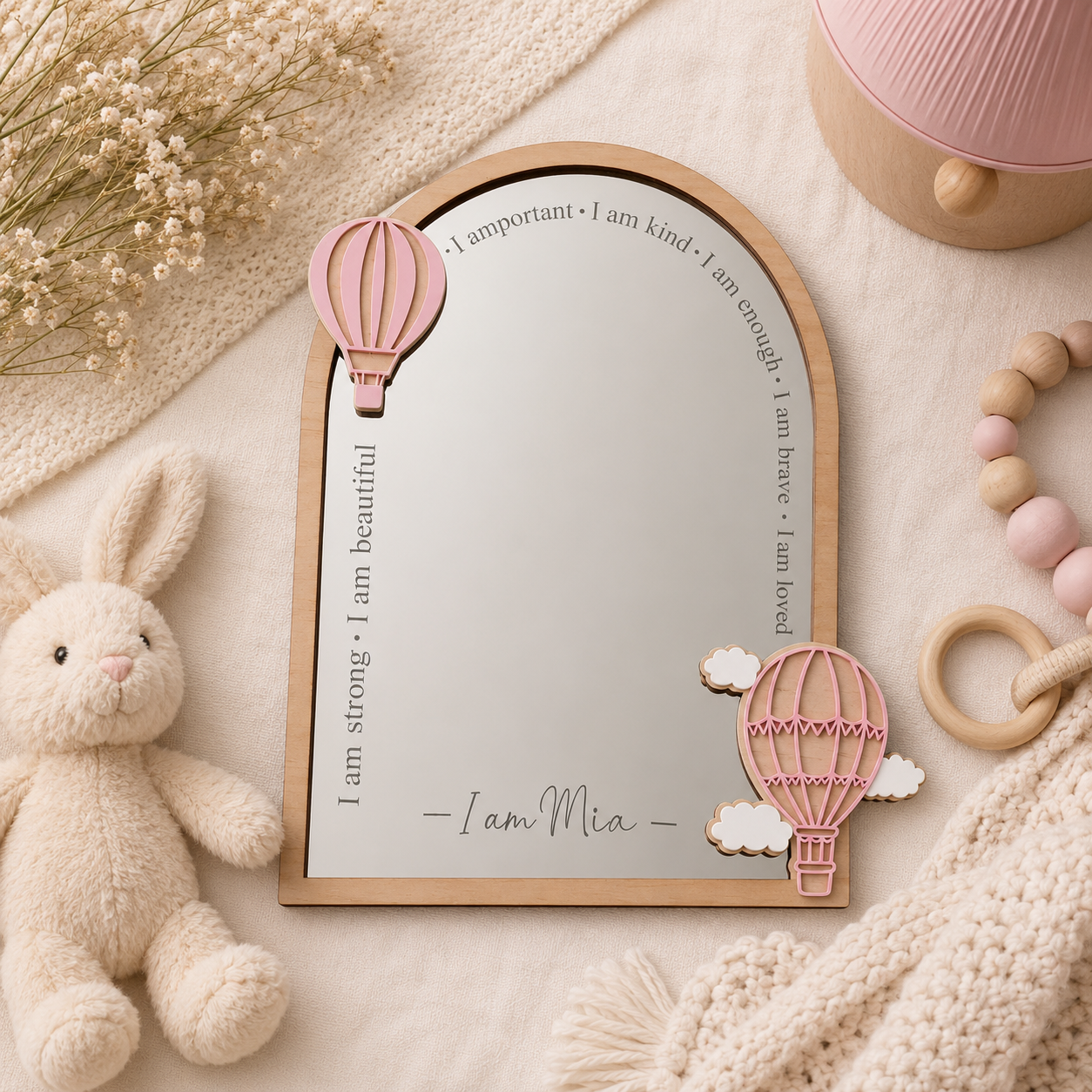 Personalised Hot Air Balloon Themed Affirmation Mirror | Laser Engraved Nursery Bedroom Decor