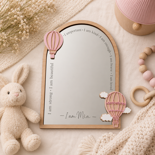 Personalised Hot Air Balloon Themed Affirmation Mirror | Laser Engraved Nursery Bedroom Decor