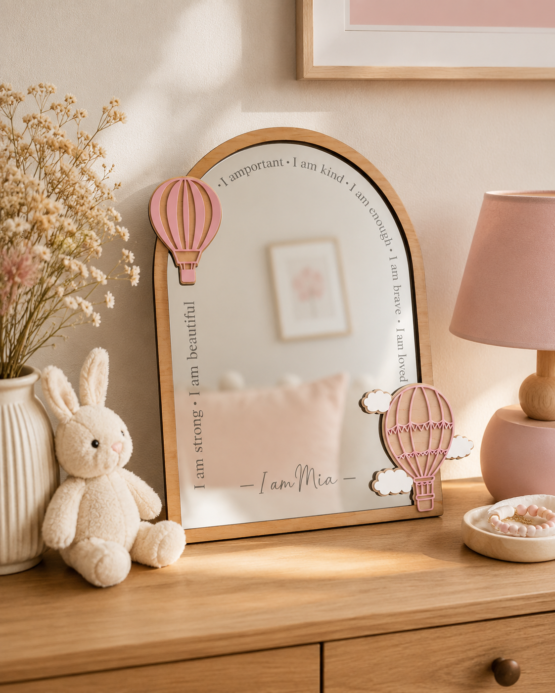 Personalised Hot Air Balloon Themed Affirmation Mirror | Laser Engraved Nursery Bedroom Decor
