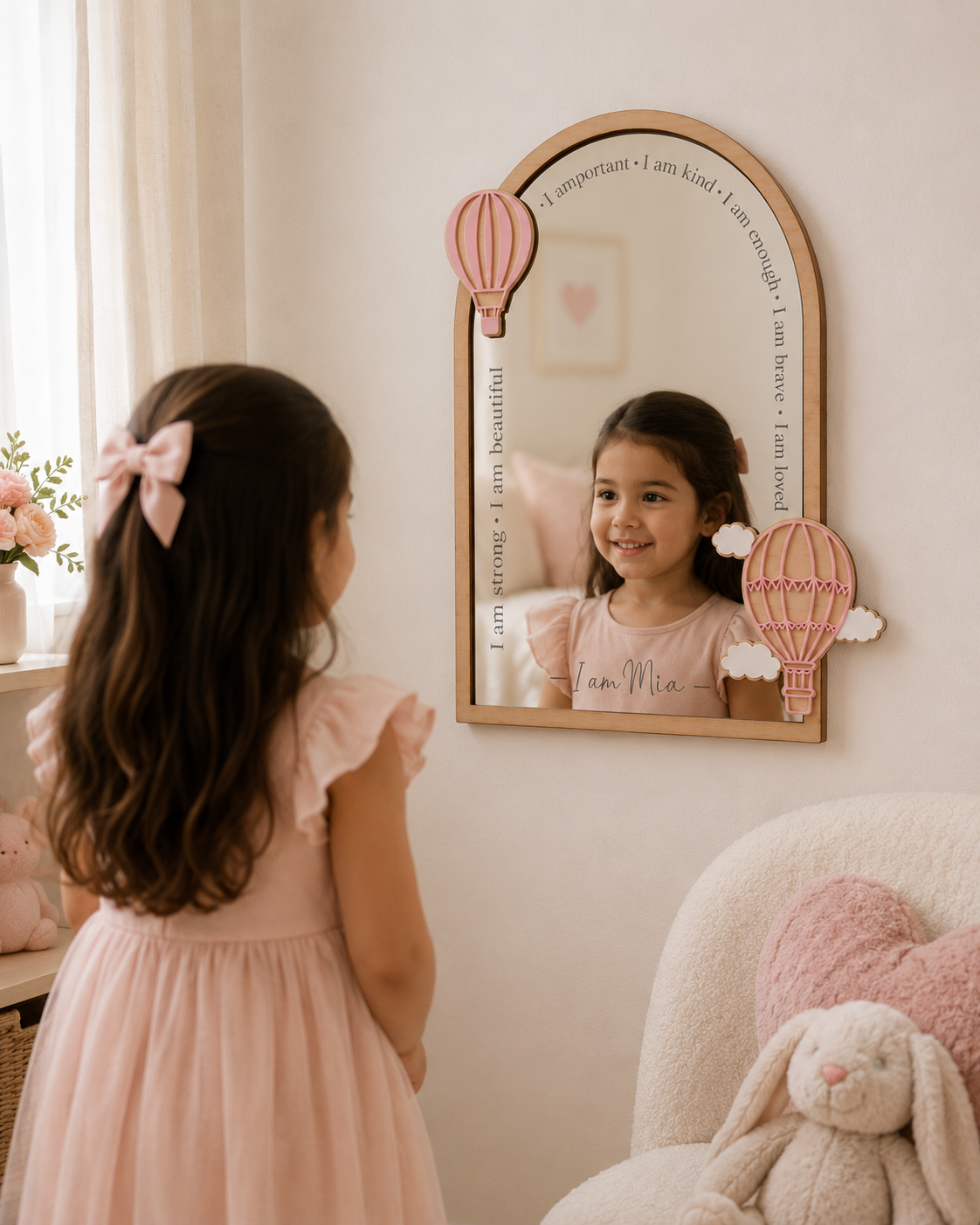 Personalised Hot Air Balloon Themed Affirmation Mirror | Laser Engraved Nursery Bedroom Decor