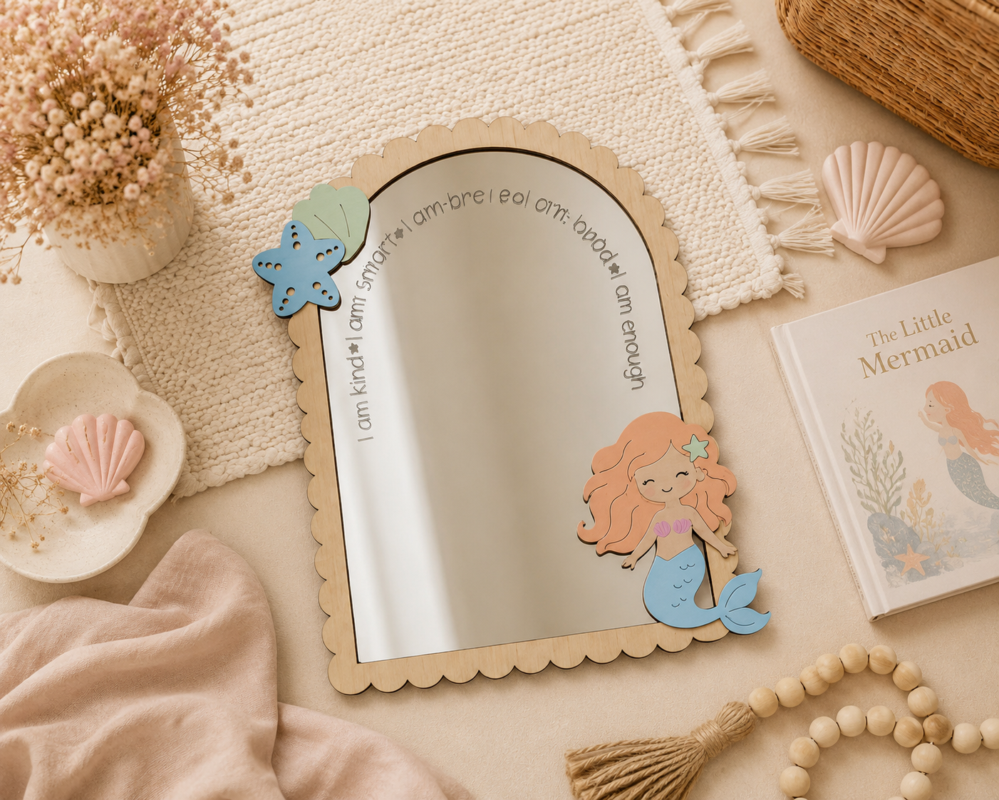 Personalised Mermaid Themed Affirmation Mirror | Laser Engraved Nursery Bedroom Decor