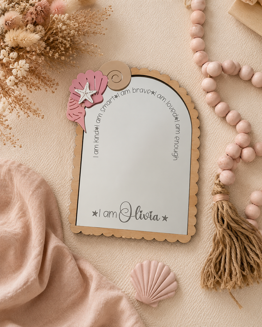 Personalised Seashell Themed Affirmation Mirror | Laser Engraved Nursery Bedroom Decor