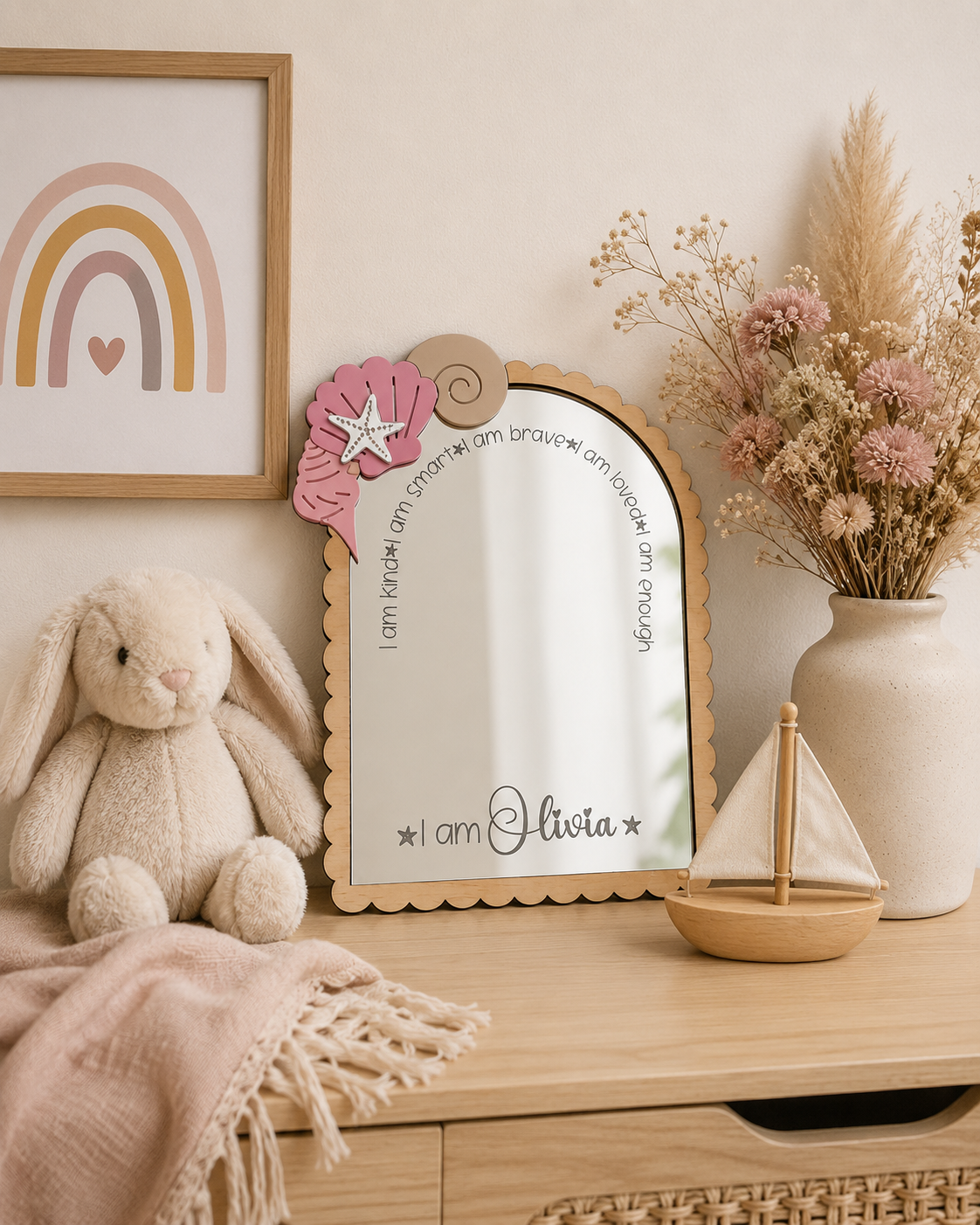 Personalised Seashell Themed Affirmation Mirror | Laser Engraved Nursery Bedroom Decor