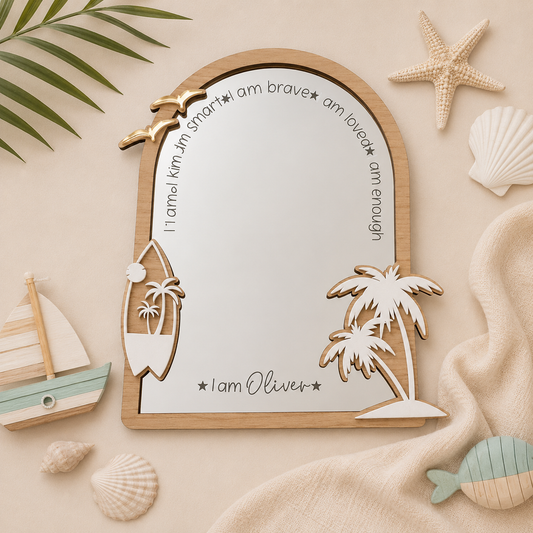 Personalised Beach Themed Affirmation Mirror | Laser Engraved Nursery Bedroom Decor