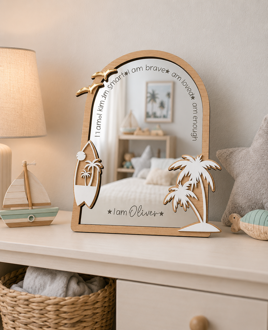 Personalised Beach Themed Affirmation Mirror | Laser Engraved Nursery Bedroom Decor