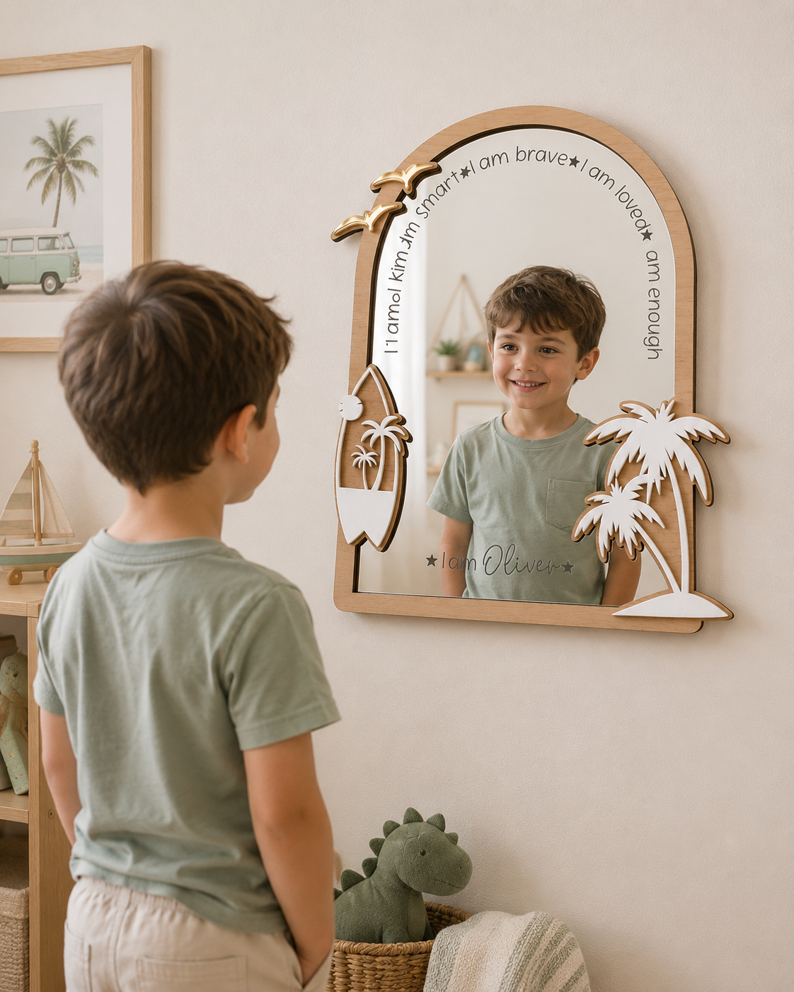 Personalised Beach Themed Affirmation Mirror | Laser Engraved Nursery Bedroom Decor